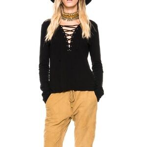 REVOLVE Pam & Gela Basic Lace Up Black Long Sleeve Tee Shirt